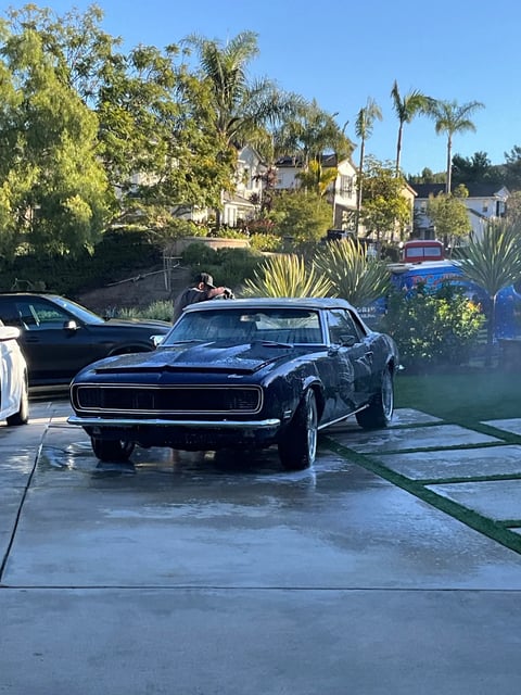 Black classic 1960s muscle car parked on wet driveway in residential neighborhood with palm trees and houses