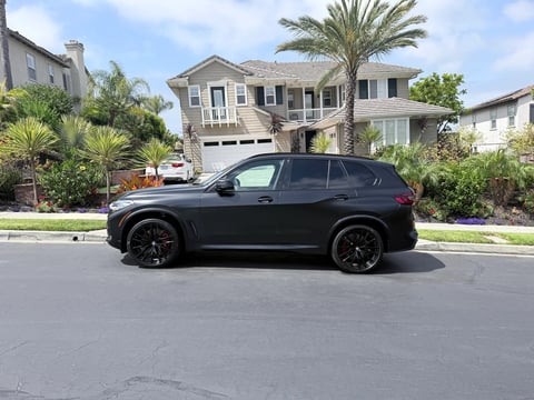 Black SUV parked on a residential street in front of a two-story house with palm trees